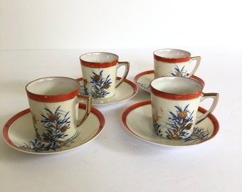 Lusterware Demitasse Espresso Set Delicate Hand Painted  Set of Four Cups with Saucers Gold And Rust and Blue Prairie Style