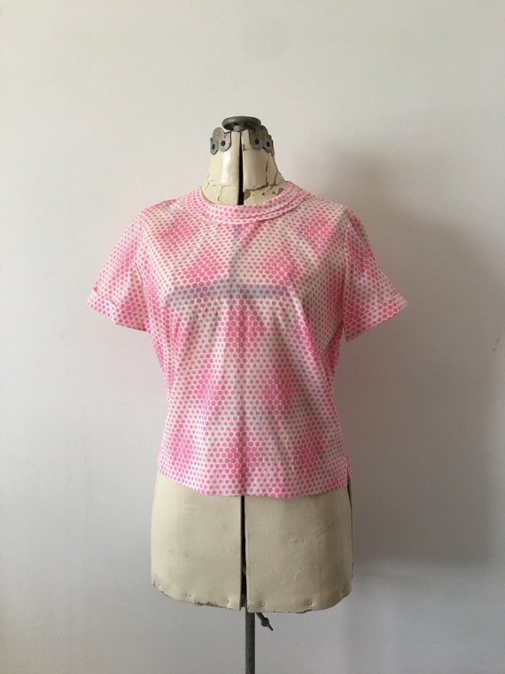 1960’s Blouse Pink Polka Dot on White MOD Optic Do