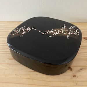Vintage Black Lacquer Divided Japanese Box Cherry Blossoms Cinnabar Red Interior