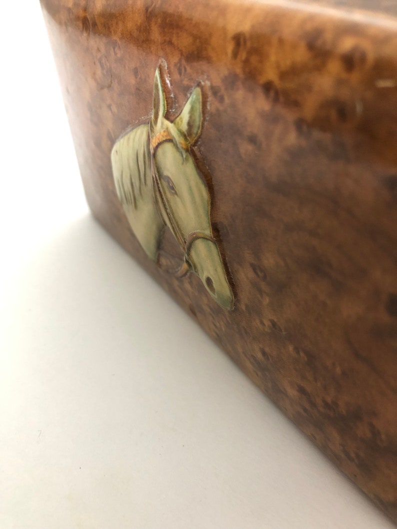 Vintage Storage Tin Fois Bois Burl Wood Printed Tin with Embossed Horse Head