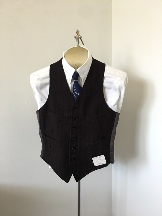 Men’s Vest Deadstock Dark Brown Wool Blue Pinstrip