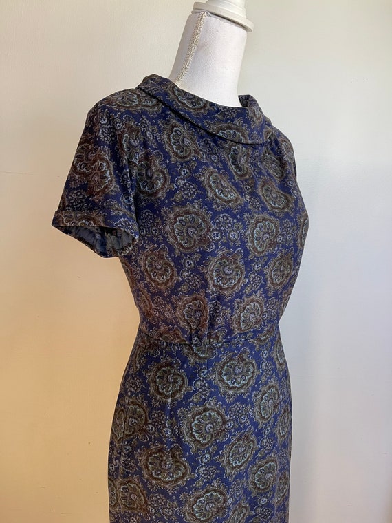 Vintage Blue Cowl Neck Blue Paisley Velour Dress - image 4