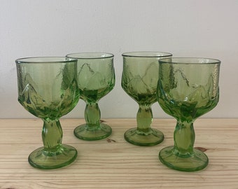 Tiffin Franciscan Cabaret Green Water Goblets Set of Four Heavy Pressed Glass Apple Green 1970’s Retro Barware