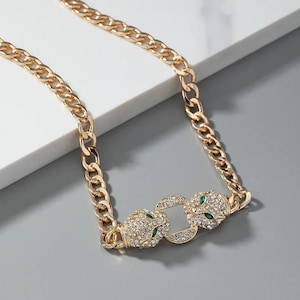 Double Panther Necklace in Gold with Zircon Crystals Double Chains Panther Necklace Zircon Gems Double Leopard animal Plated Gift for Him