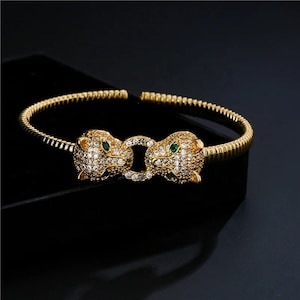 Double Panther Design Gold Plated Bracelet with Zircon Gems Birthday Gift for Her Double Panther Bracelet in Gold with Zircon Crystals