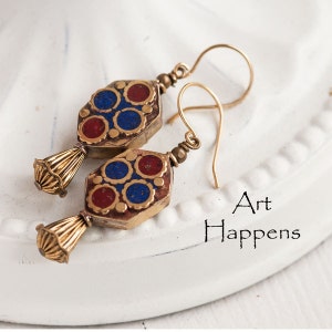 Kathmandu 26, Nepalese Hand-made Brass and Enamel Style Tribal Beads wth Brass Accents, Tribal Earrings FL1-2-5 image 1