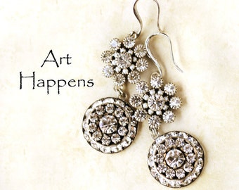 Stately Earrings, Clear Swarovski Crystal Earrings with Vintage Antiqued Silver Flair, (FL1-1-2) "Bliss"