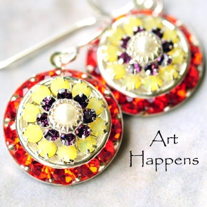 Bright Summery Colorful Swarovski Yellow Opal, Orange Amethyst Purple and Pearl Art Deco Earrings, (B2-6-2) &quot;Bring it on&quot;