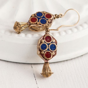 Kathmandu 26, Nepalese Hand-made Brass and Enamel Style Tribal Beads wth Brass Accents, Tribal Earrings FL1-2-5 image 3