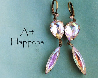 Brilliant Clear Crystal AB Pear and Navette Earrings for Weddings Wedding Earrings Jewelry, (FL1-4-5), "Tendrils"