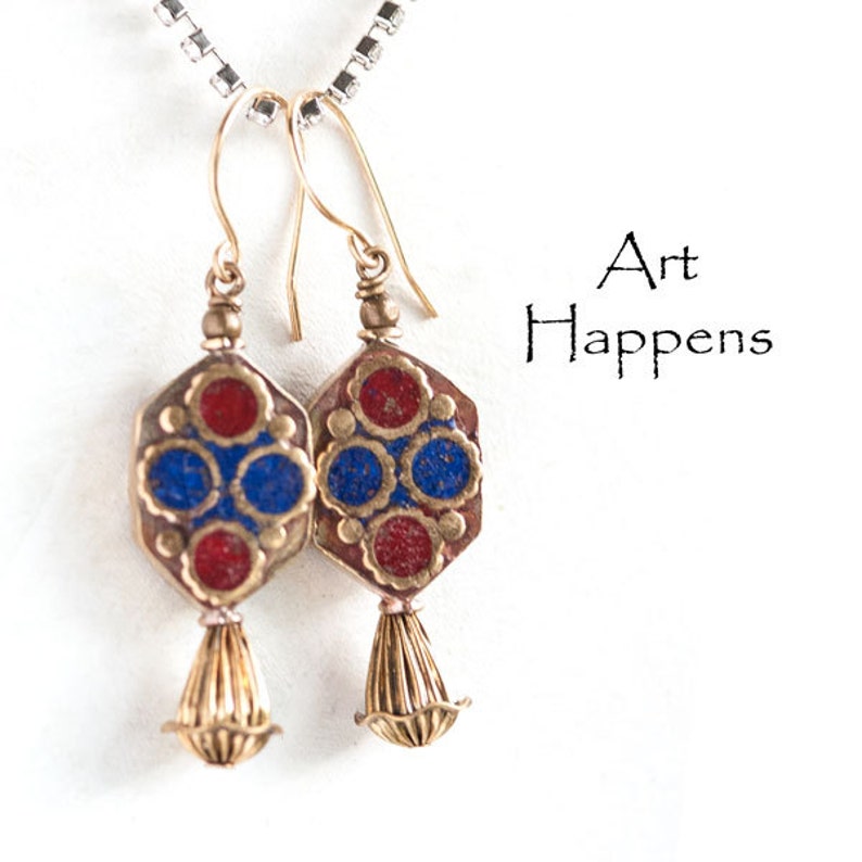 Kathmandu 26, Nepalese Hand-made Brass and Enamel Style Tribal Beads wth Brass Accents, Tribal Earrings FL1-2-5 image 4