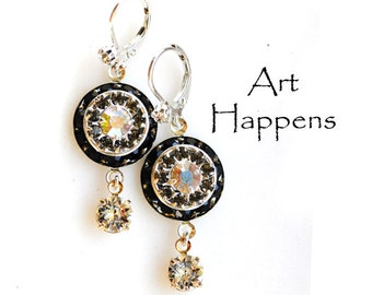 Art Deco Earrings with Jet Black, Black Diamond and Crystal AB Swarovski Crystals and Tiny Crystal Dangle, (FL2-1-1) "Essence Revealed"