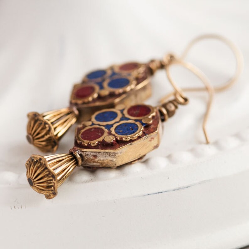 Kathmandu 26, Nepalese Hand-made Brass and Enamel Style Tribal Beads wth Brass Accents, Tribal Earrings FL1-2-5 image 2