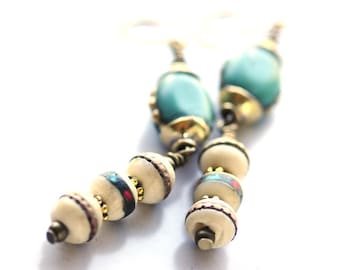 Nepal Bead Turquoise Stone Earrings with Inlay Bone Dangle Beads, (FL1-1-1), "Kathmandu 25"