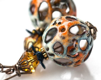 Enamel Orange and Cream Beaded Earrings with Topaz Yellow Swarovski Crystals, Enameled Filigree Earrings, (B2-2-1) "Spice"