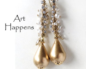 Long Drop Caramel Cotton Pearl Earrings with Rhinestone Chain Pearl Accents,  (FL1-R3-C3), "Treasures"