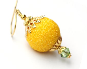 Lemon Yellow Sugared Beaded Earrings, (B4-R6-C4), "Lemon Sugar"