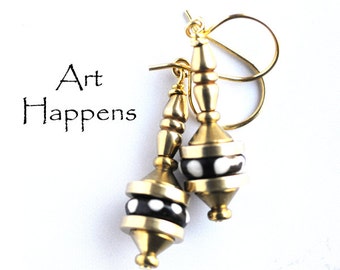 Brass Tribal Earrings, Brass and Dotted Wood Beads, (FL2-R2-C5) "Tribal Dance"