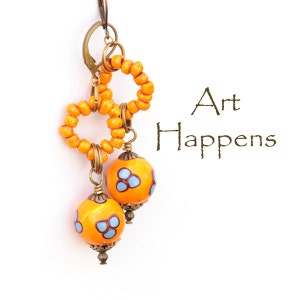 Orange and Blue Beaded and Polymer Clay Bead Dangle Earrings, (B4-3-3), &quot;Harvest Sunshine&quot;
