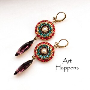 Swarovski Crystals Earrings with Light Siam, Blue Zircon, Amethyst and Swarovski Pearls, Bali Boho, Crystal Earrings, (B1-3-5) &quot;Aha&quot;