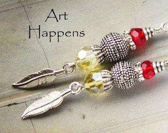 Feather Earrings, Red Yellow Silver Earrings, Swarovski Beads, Ethnic Inspired, (B3-R6-C2), "Flight of Fancy"