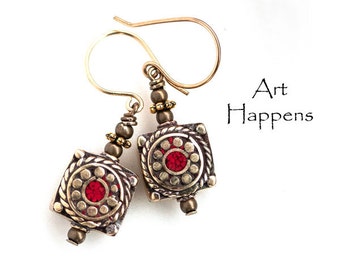 Kathmandu 28: Brass Boho Earrings with Crushed Coral Stone from Nepal, Tribal Earrings, Boho Chic, Hipster (FL1-3-2)