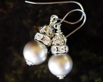 Sultry Vintage Appeal Pearl and Crystal Rhinestone Earrings, (FL1-R3-C5),  "Ice Queen"