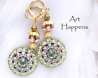 Green and Azore Blue Swarovski Crystals in Round Art Deco Disks and Gold Plating, (B1-3-1) "Spring's Breath"
