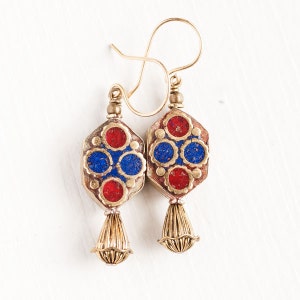 Kathmandu 26, Nepalese Hand-made Brass and Enamel Style Tribal Beads wth Brass Accents, Tribal Earrings FL1-2-5 image 5