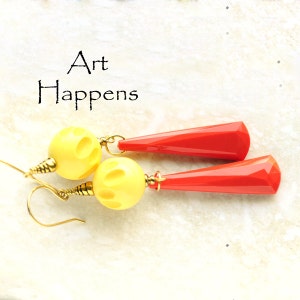 Funky Spirited Vintage Lucite Orange and Yellow Dangle Earrings, Long Earrings, (FL2-6-3) &quot;Arcade Bright&quot;