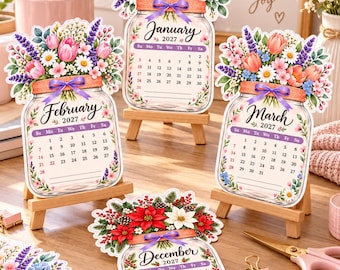 Calendario de escritorio 2027 con tarro de cristal y diseño floral, PDF mensual imprimible