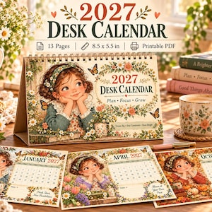May include: A 2027 desk calendar measuring 8.5 x 5.5 inches, featuring a spiral-bound stand and loose pages. The cover displays an illustration of a girl surrounded by flowers and butterflies, with the text 2027 DESK CALENDAR Plan Focus Grow.