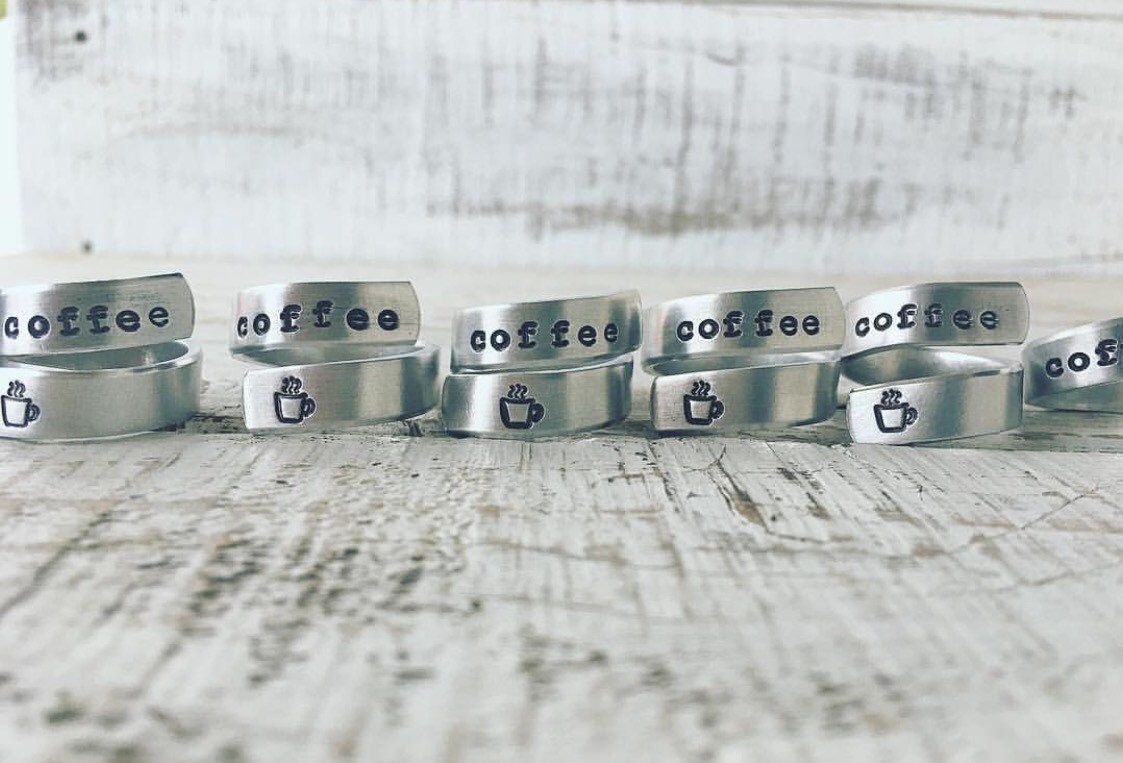 Coffee Ring Coffee Cup Ring Hand Stamped Silver Ring Coffee Etsy
