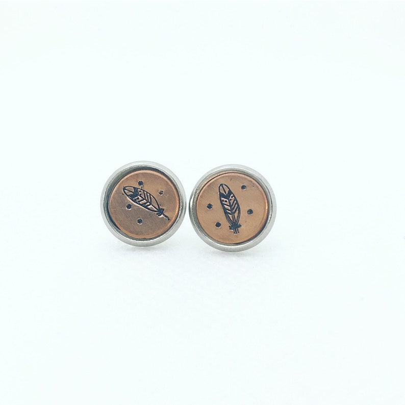 bohemian earrings boho earrings copper metal stamped stainless steel post earnings Feather stud earrings mixed metal earrings