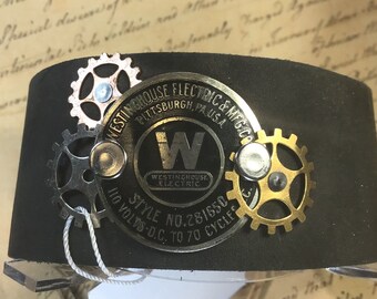 Real Steampunk handmade leather cuff -  vintage sewing machine westinghouse electric tag  - Mechanical Romance -