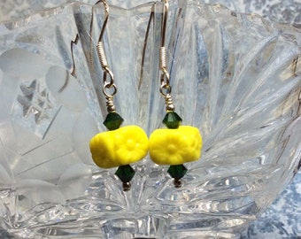 handmade OOAK vintage yellow flower glass and crystal earrings