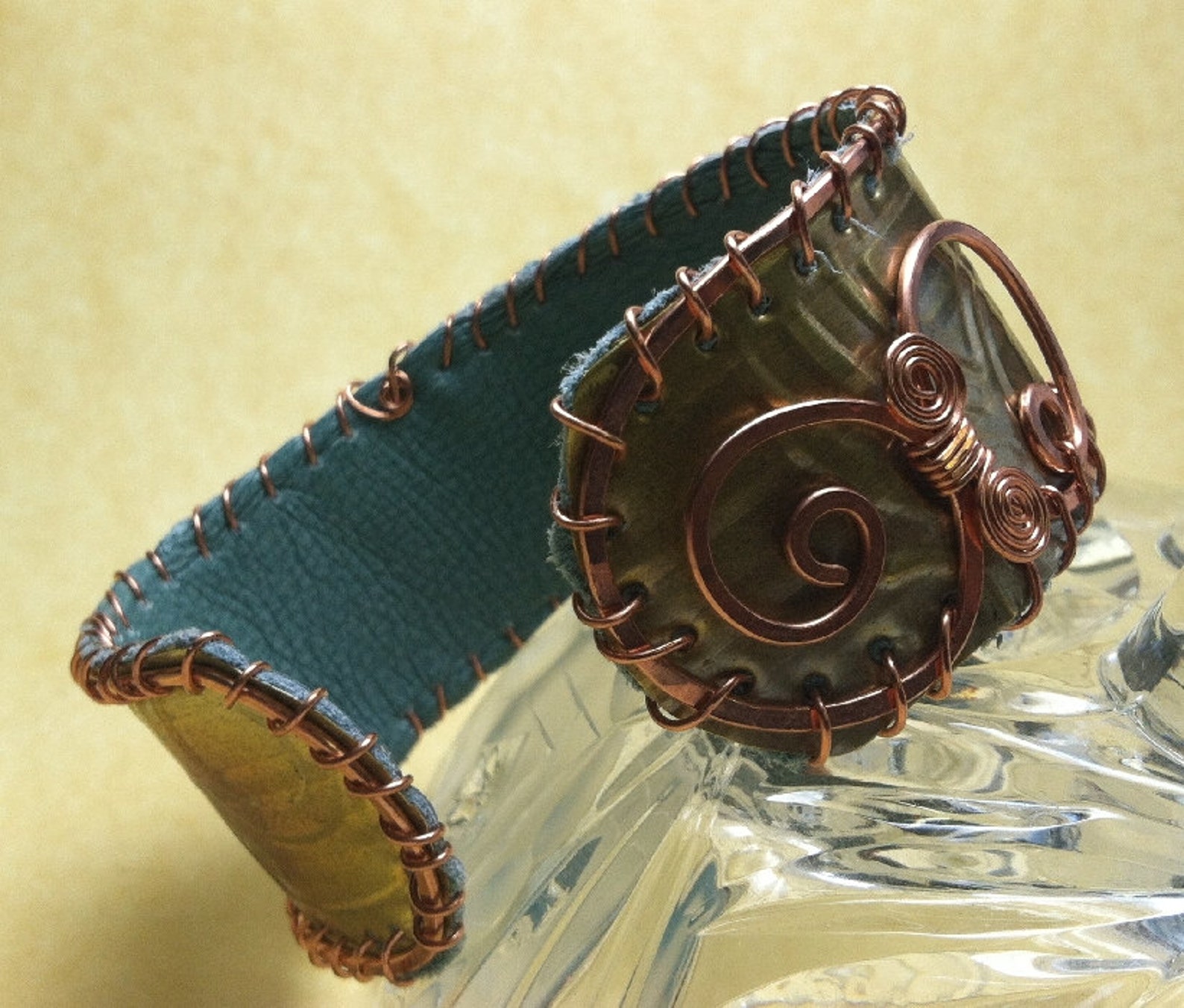 Old Bronze Weatherstripping & Copper Cuff Lined With Teal - Etsy