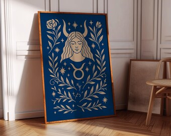 Taurus Zodiac Poster: Blue Folk Art Bull Woman Print