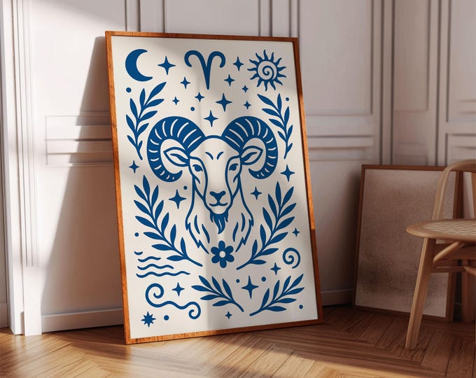 Aries Zodiac Art Print: Royal Blue Ram, Boho Astrology Decor