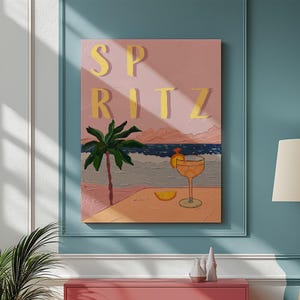 Arte de pared costero rosa, impresión en lienzo de cóctel Spritz, estética de playa retro, decoración tropical psicodélica de los años 70, pintura de verano en color naranja ruborizado