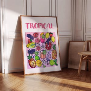 Affiche tropicale, affiche de fruits, art mural BCBG, prosecco, rose girly esthétique, bar, art de cuisine, cadeau art fruits, art tropical, rose tendance