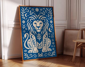 Leo Zodiac Art Print: Blue & White Lion Folk Astrology Poster