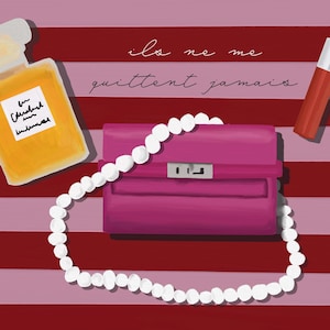 May include: A pink leather purse with a silver clasp, a string of white pearls, a bottle of perfume, and a tube of lipstick on a red and pink striped background. The text "Ils ne me quittent jamais" is written in black cursive.