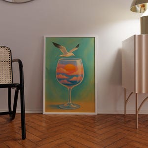 Sunset in a Wine Glass Art | Coastal Wall Art | Seagull Sky Print | Ocean Sunset Painting | Surreal Wine Decor | Beach Aesthetic Poster