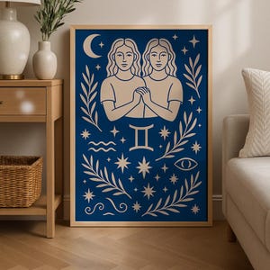 Grafika zodiaku Bliźnięta | Nowoczesna dekoracja ścienna z mistyczną bliźniaczką | Boho, niebiańska ilustracja | Prezent dla miłośników astrologii z Bliźniętami