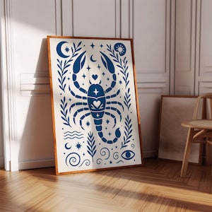 Scorpio Zodiac Art Print: Blue Folk Style Star Sign Poster