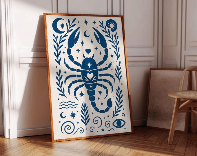 Scorpio Zodiac Art Print: Blue Folk Style Star Sign Poster