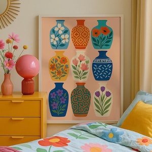 Impresión de arte mural con jarrón floral / Decoración del hogar con arte popular colorido / Póster botánico moderno bohemio / Arte de cocina mediterránea
