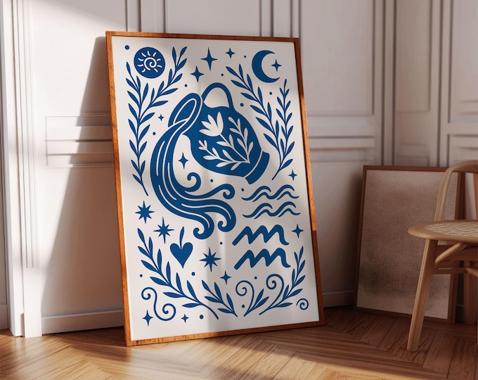 Aquarius Zodiac Art Print | Blue and White Astrology Poster | Minimalist Folk Style Aquarius Wall Art | Digital Aquarius Decor
