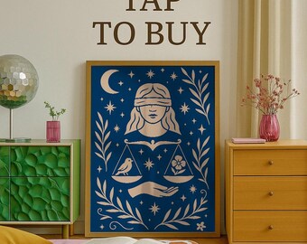 Libra Zodiac Art Poster: Scales, Moon & Stars - Boho Astrology Print